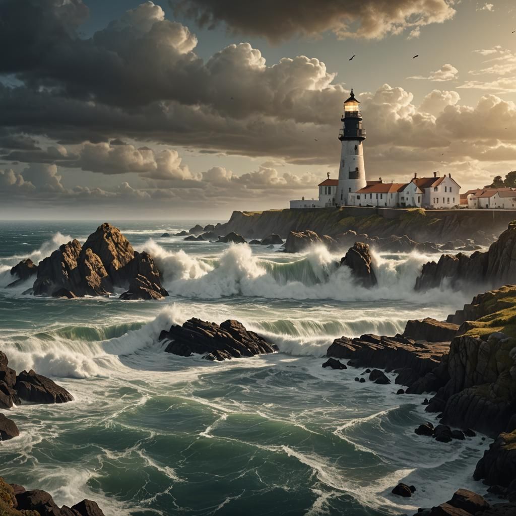 Lighthouse in Stormy Sea: Detailed Matte Painting