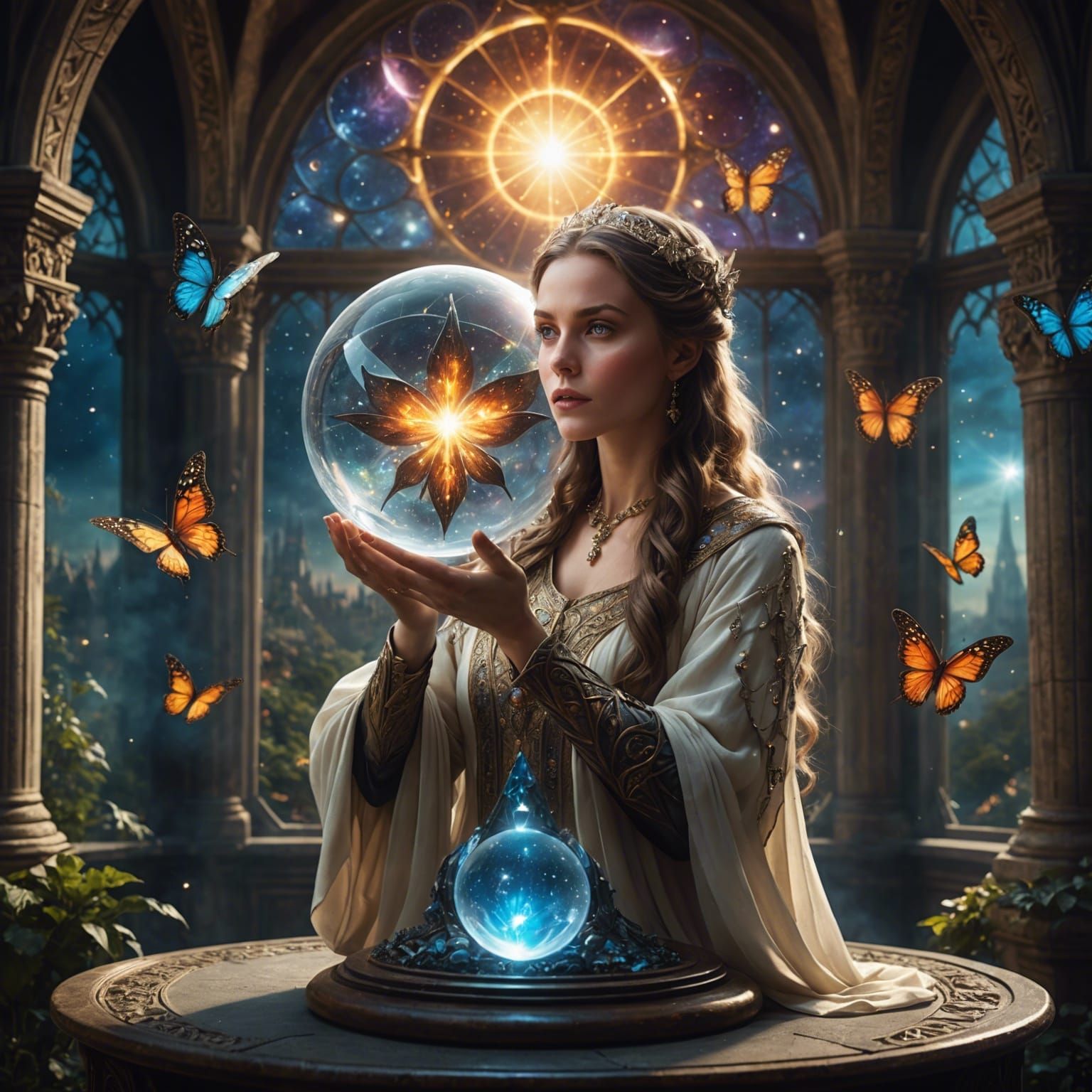 Female Wizard Gazing into Crystal Ball