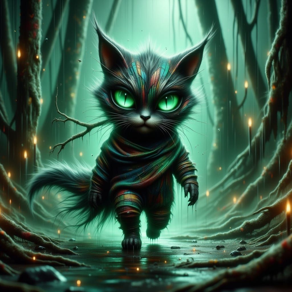 Grunge Cyberpunk Ninja Cheshire Cat in Dark Rainforest Arena
