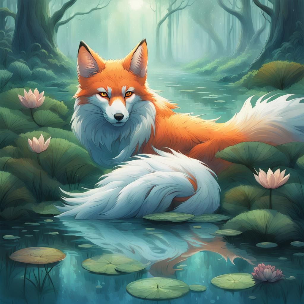 Kitsune Swims Through Mystical Swamp: Fantasy Concept Art