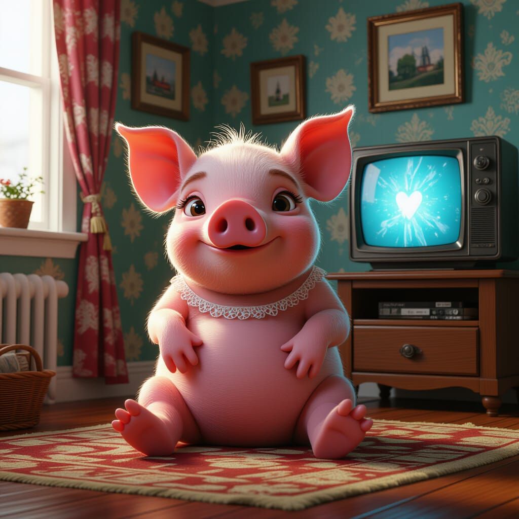 Pig Watching TV in Fantastical Detailed Matte Painting