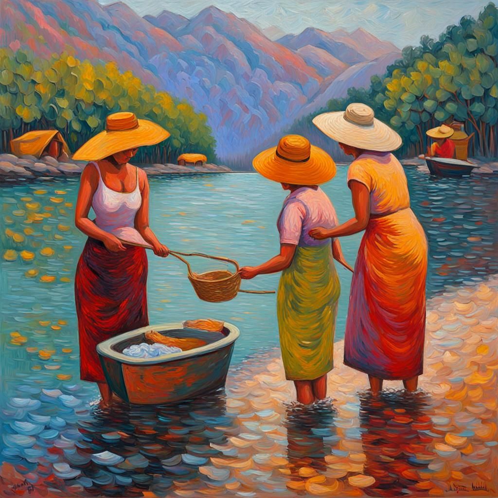 Women Washing Clothes in River, Neo-Impressionism