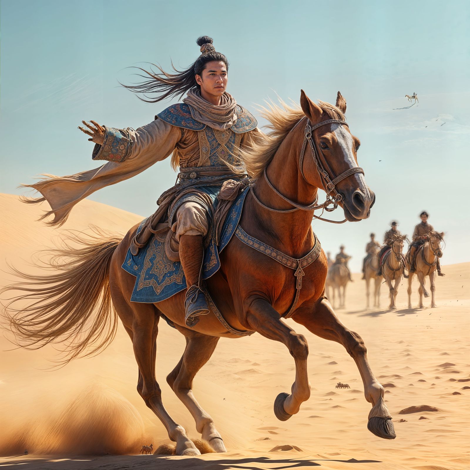 Mongolian Horseman Charging Through Gobi Desert Fantasy Land...