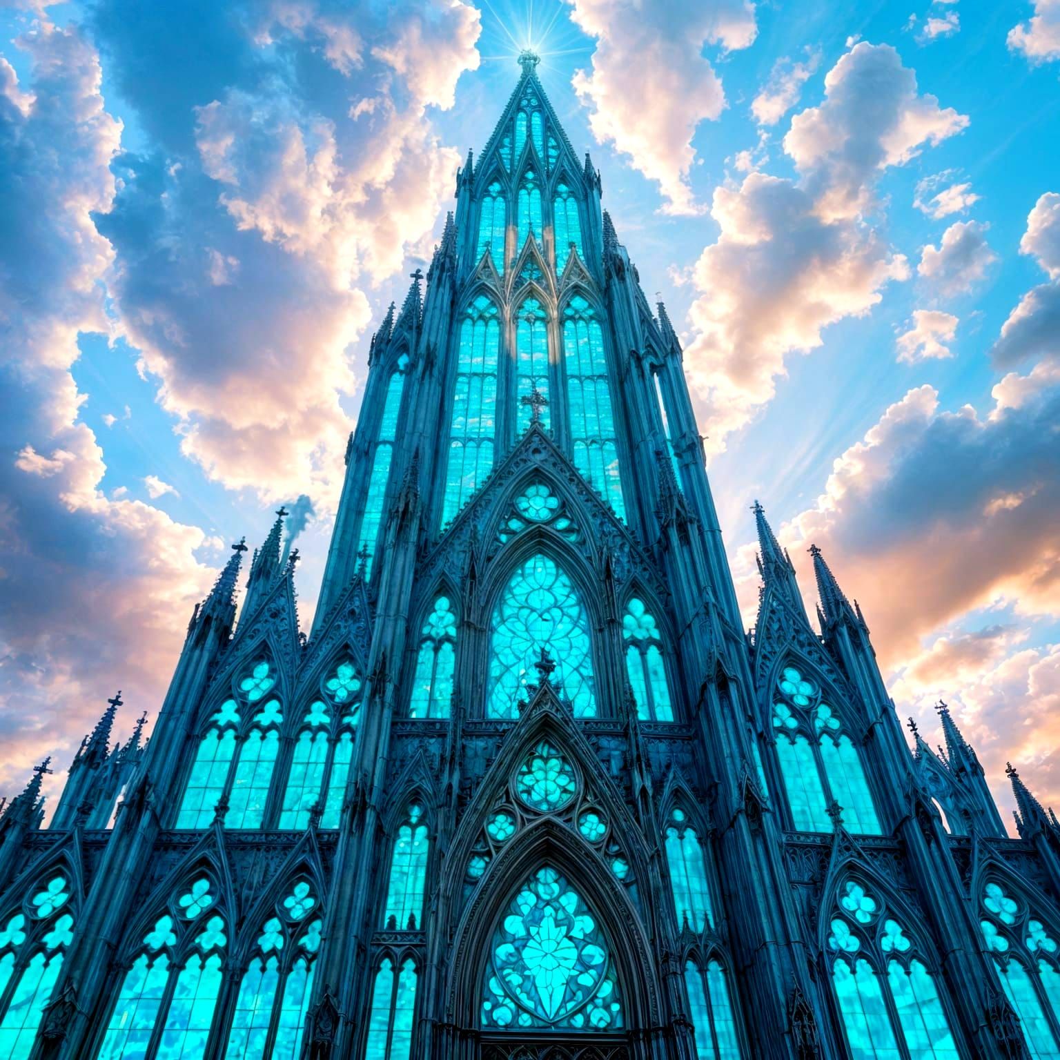 Gothic Cathedral of Turquoise Glass Above the Clouds