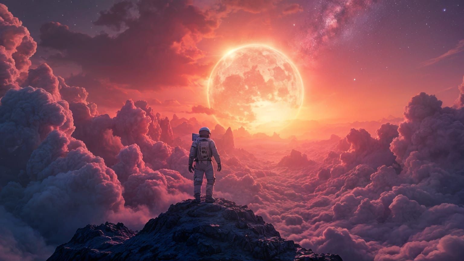 Astronaut on Crystal Nebula Mountains Under Binary Sunset