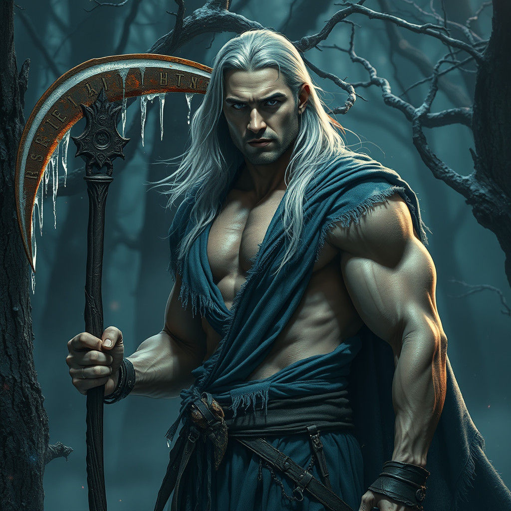 Icy Scythe Wielder in Mist-Shrouded Forest, Hyper-Realistic ...