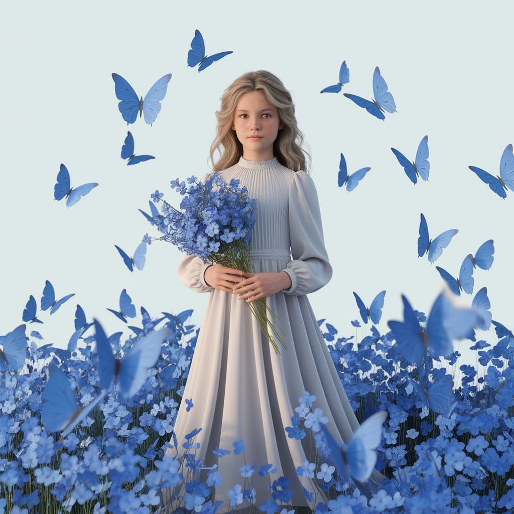Girl in White Dress Amidst Blue Butterflies