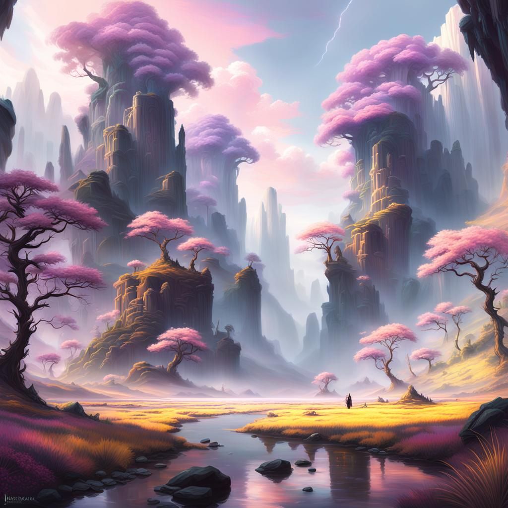 Pastel Landscape with Dancing Giants in Digital Painting