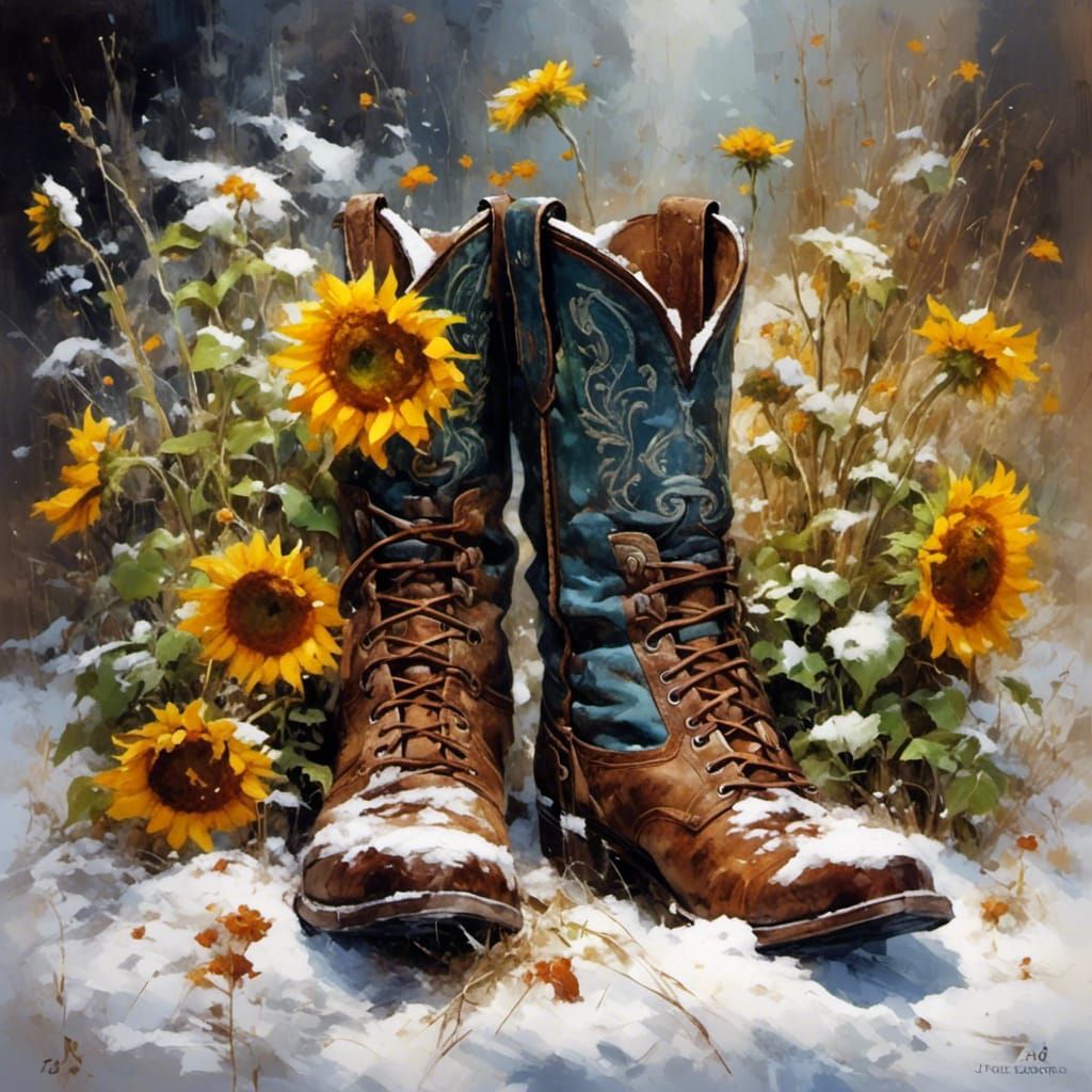 Cowboy Boots Bloom in Winter Snowdrift