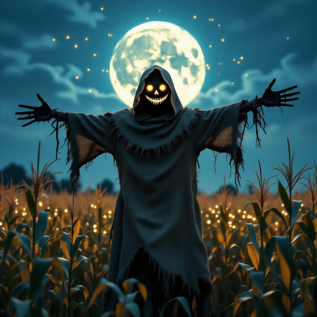 Moonlit Scarecrow with Glowing Souls, Digital Art