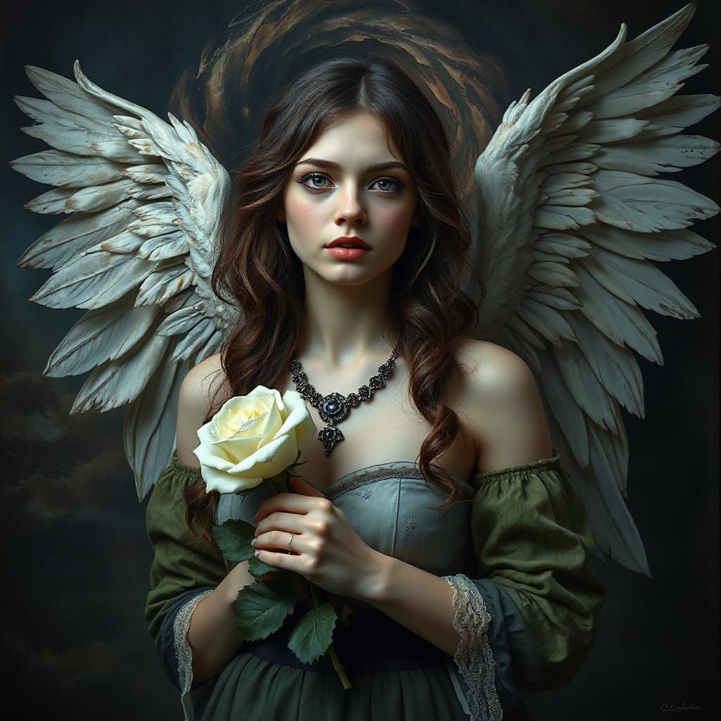 Gothic Angel with Rose, Renaissance-Inspired Portrait