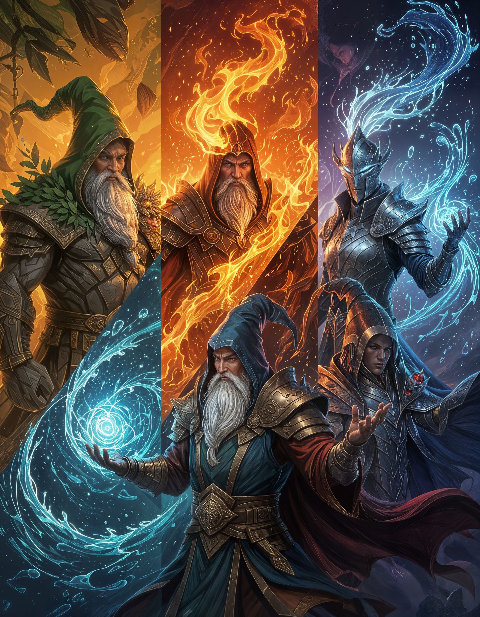 Five Elemental Wizards: Earth, Fire, Wind, Water, Metal