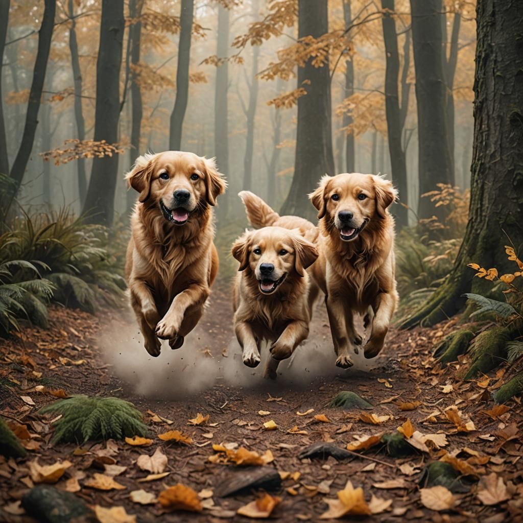 Golden Retrievers Chase Squirrel: Wildlife Photography