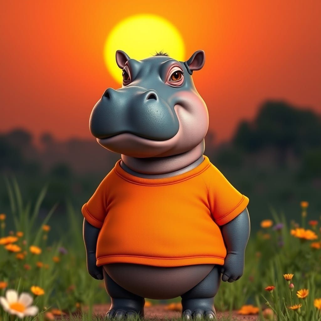 Confident Hippo in Bright Orange Tee Stands Tall on Vibrant ...