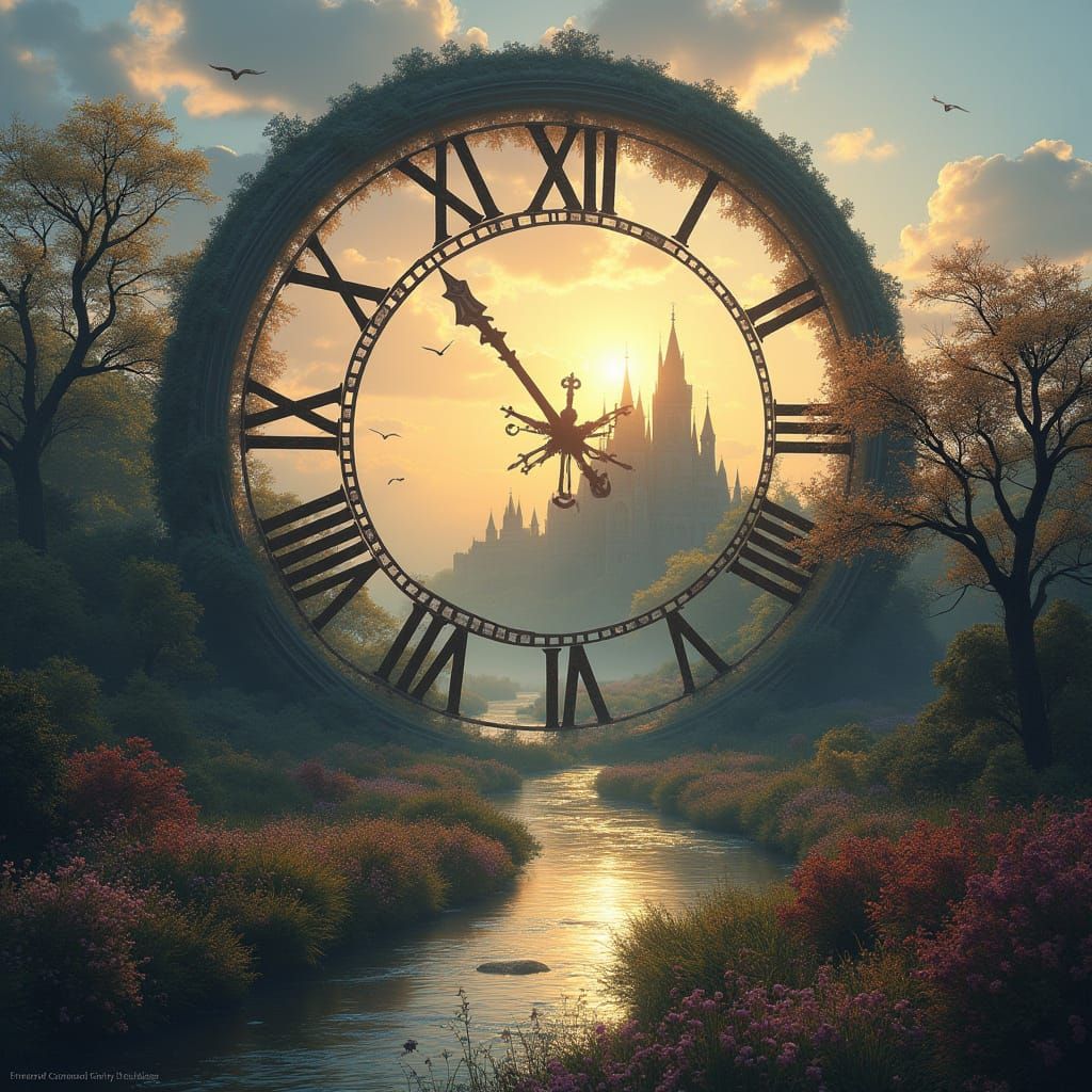 Surreal Landscape with Ornate Clock and Castle View