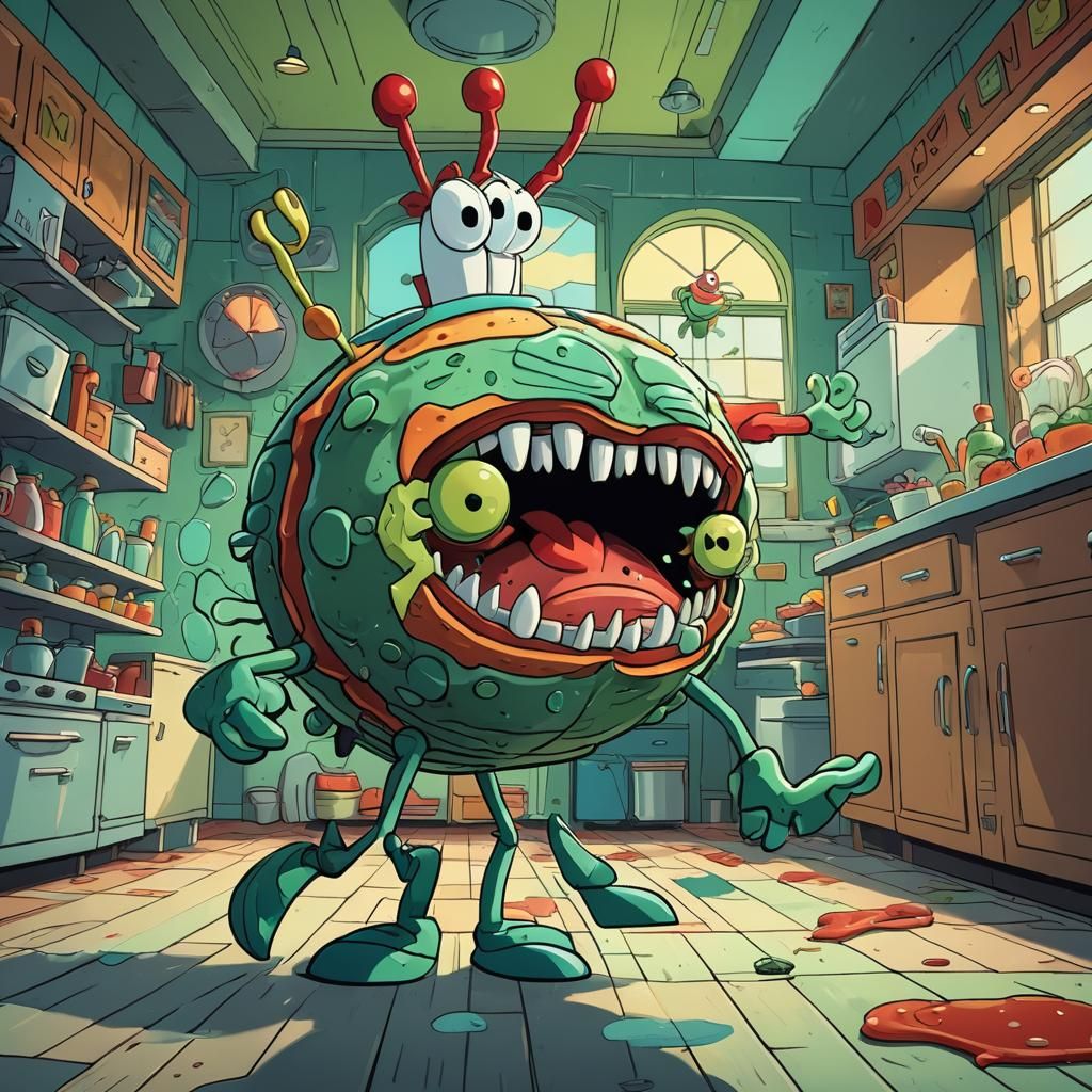 Plankton Steals Krabby Patty Formula: Cartoon Illustration