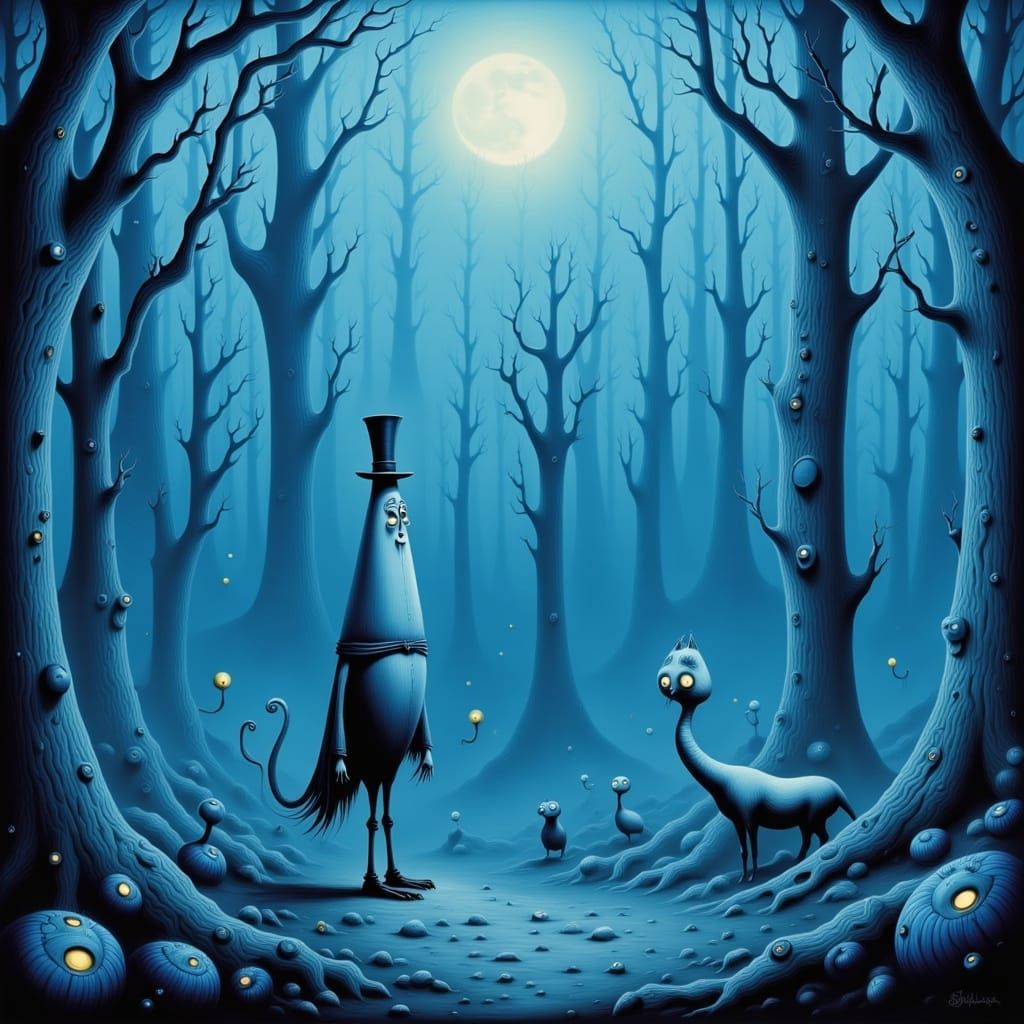 <lora:Burtonesqe:1.0> <lora:Dark-Whimsy:1.0> Use the color Blue as the dominant color of the image. Make sure it uses th...