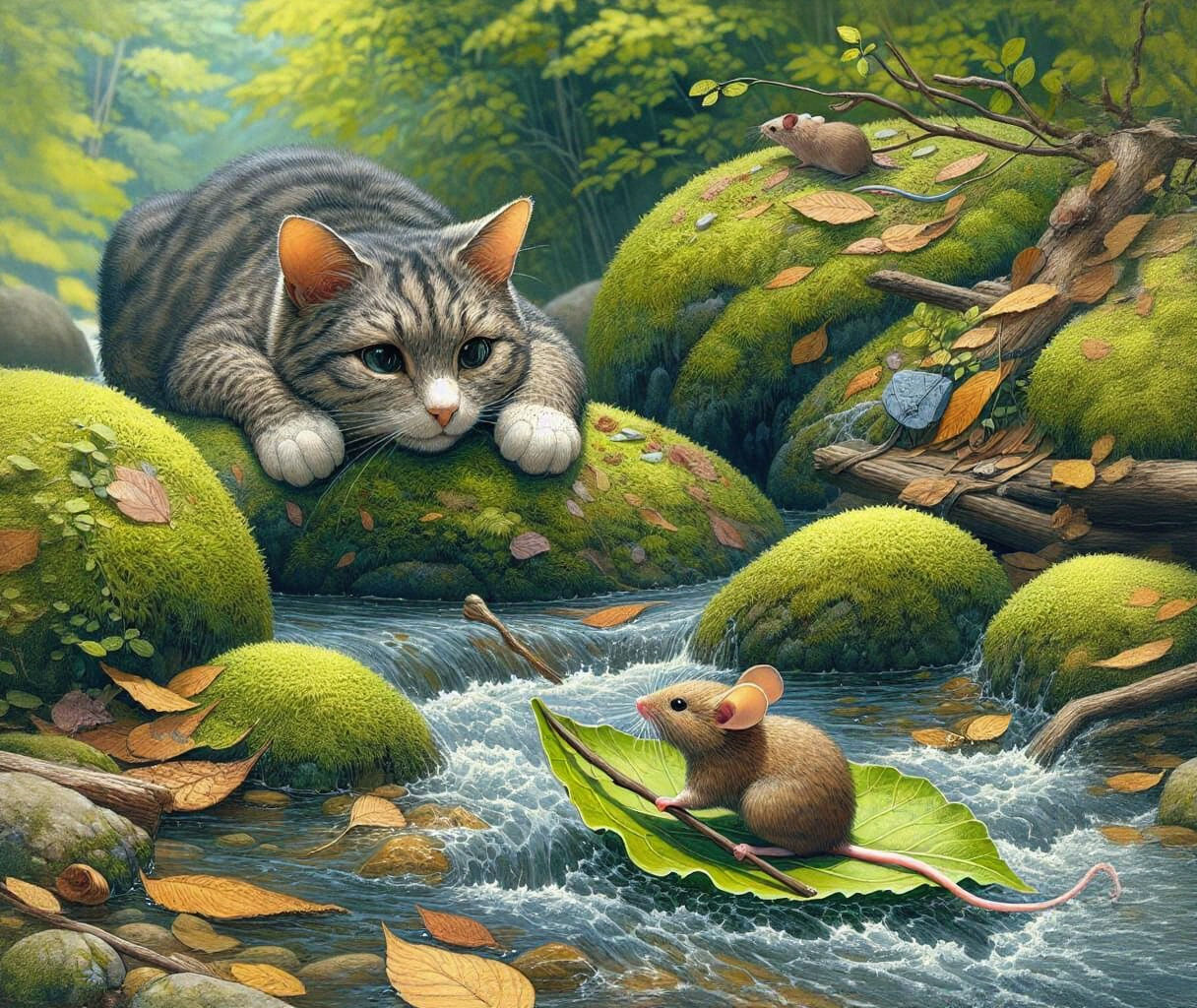 Charming Cat and Mouse Scene in Concept Art Style