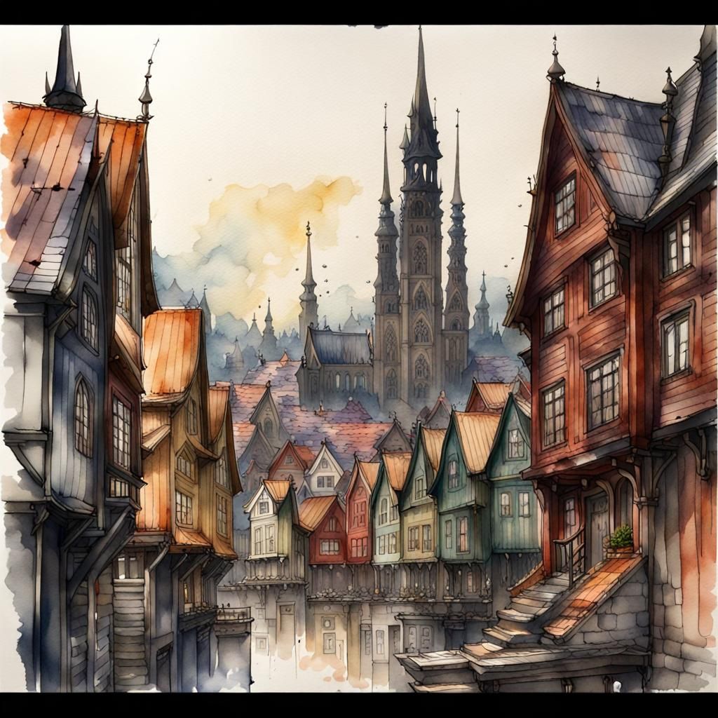 Gothic Solarpunk Cityscape in Watercolor Style