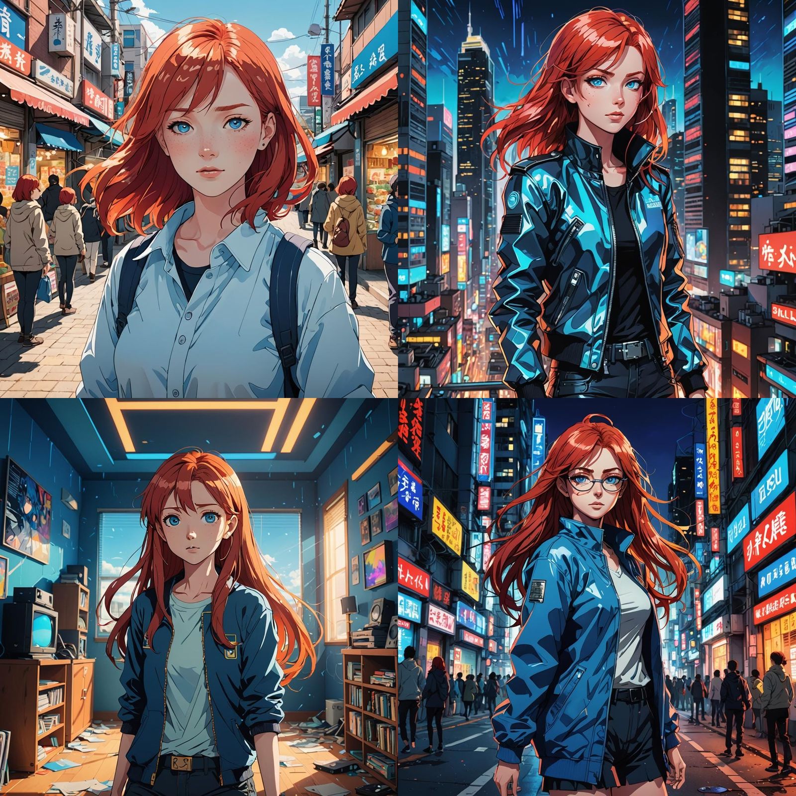 Anime Woman with Red Hair and Blue Eyes