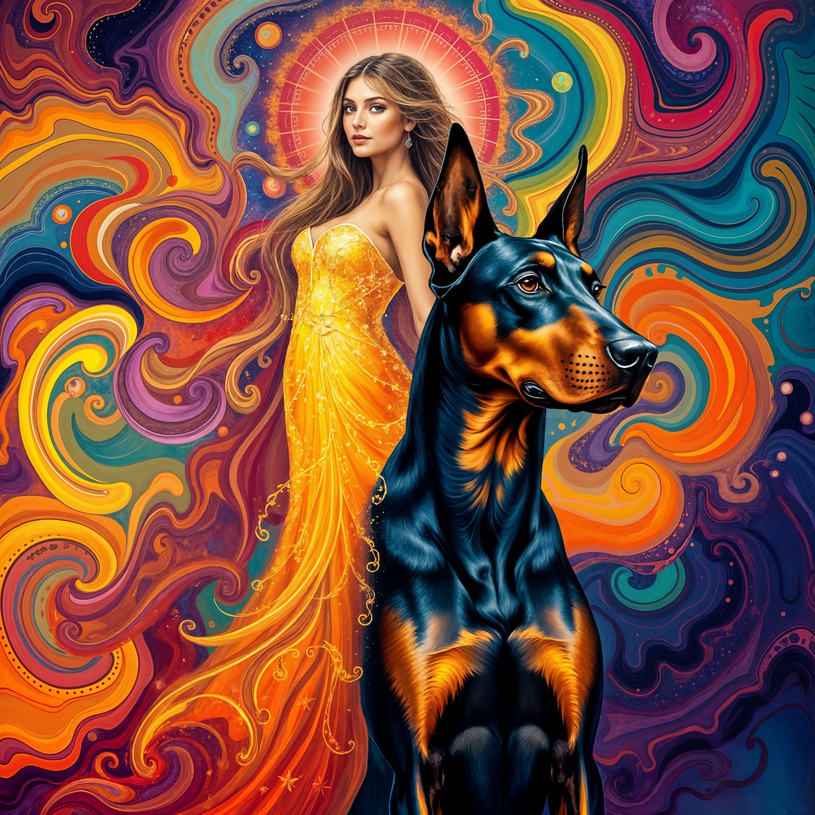 Radiant Woman and Majestic Doberman in Ethereal Harmony
