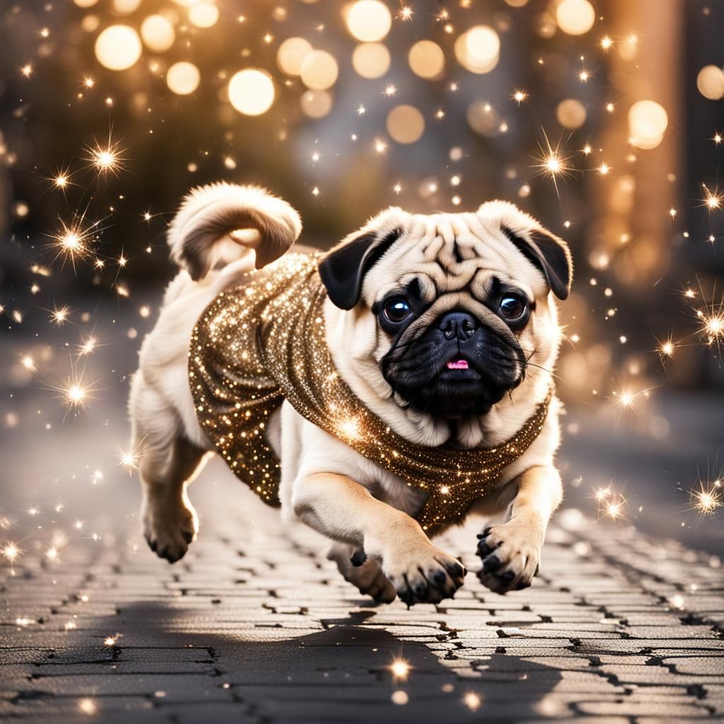 Joyful Pug Running with Sparkles
