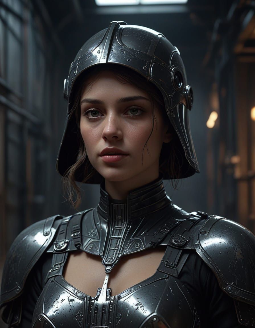 Concept art. Woman in Darth Vader costume stands confidently in a dimly lit, industrial hallway. Inspired by Star Wars c...