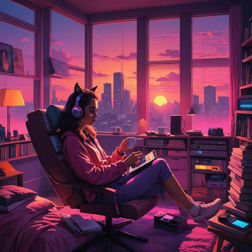 Girl Listening to Cassette Player in Synthwave Style