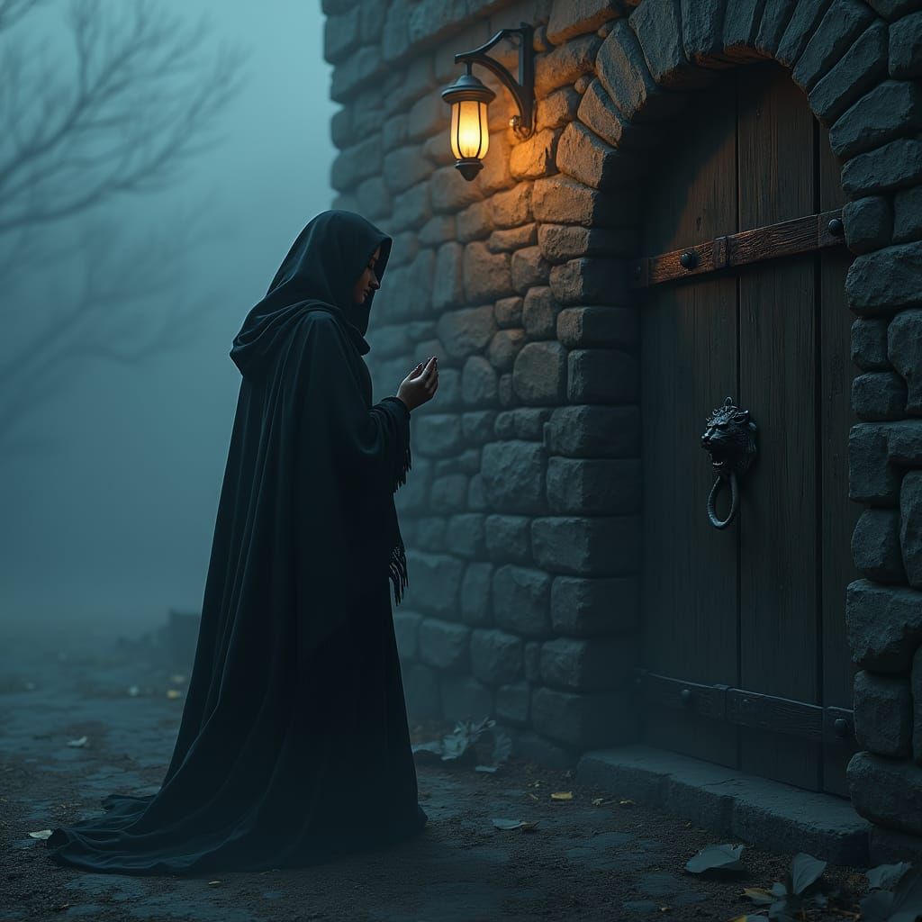Woman at Ancient Door in Dark Fantasy Style