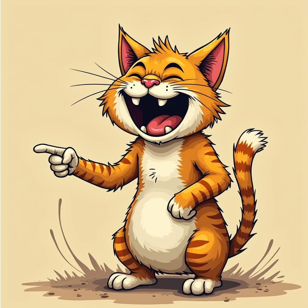 Cartoon Of A Cat Pointing and doubled over in a knee slapping, laughing hysterically at someone, in the style of neo-exp...