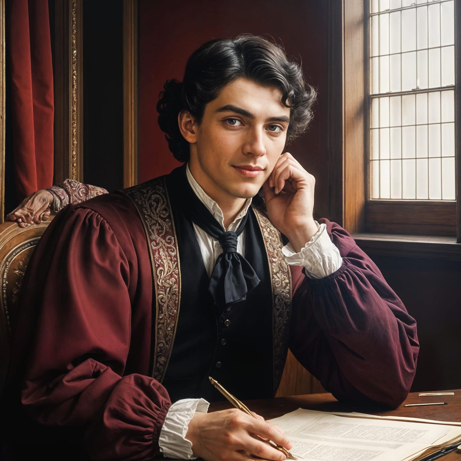 19th Century Portuguese Poet Portrait in Baroque Study