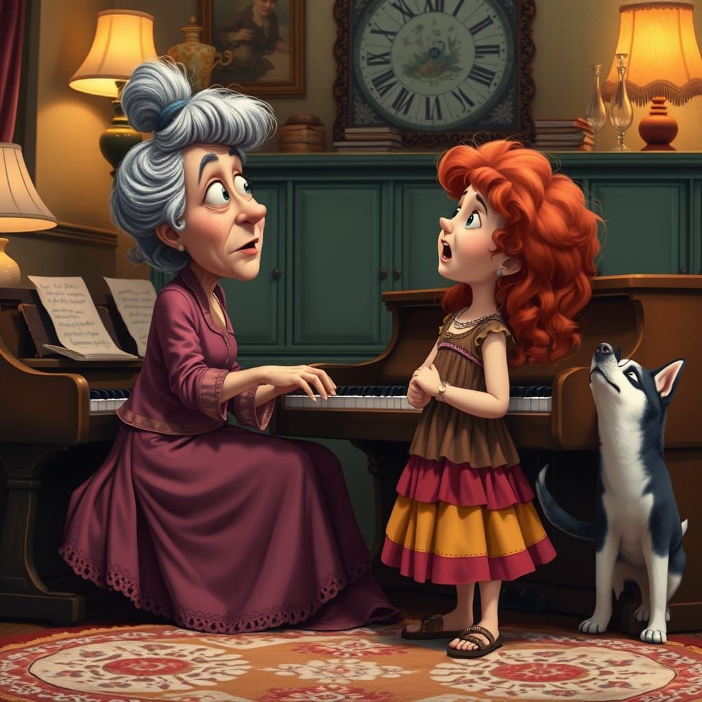 Vintage Musicianship Scene with Whimsical Elements