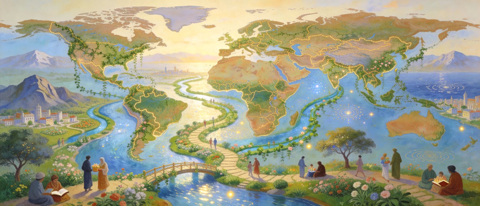 World Map With Dissolved Borders and Interconnected Landscap...