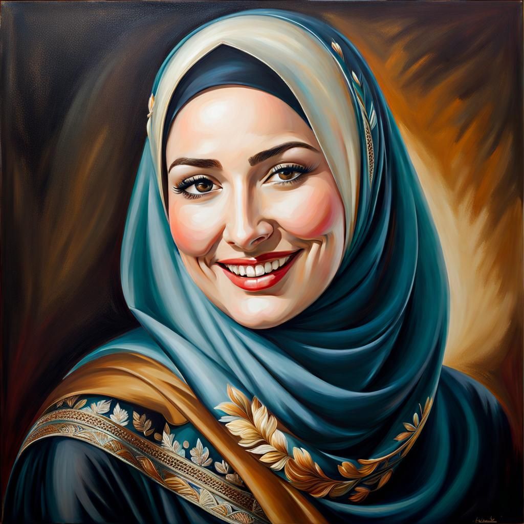 Elegant Portrait of a Woman in Hijab as Oil Painting