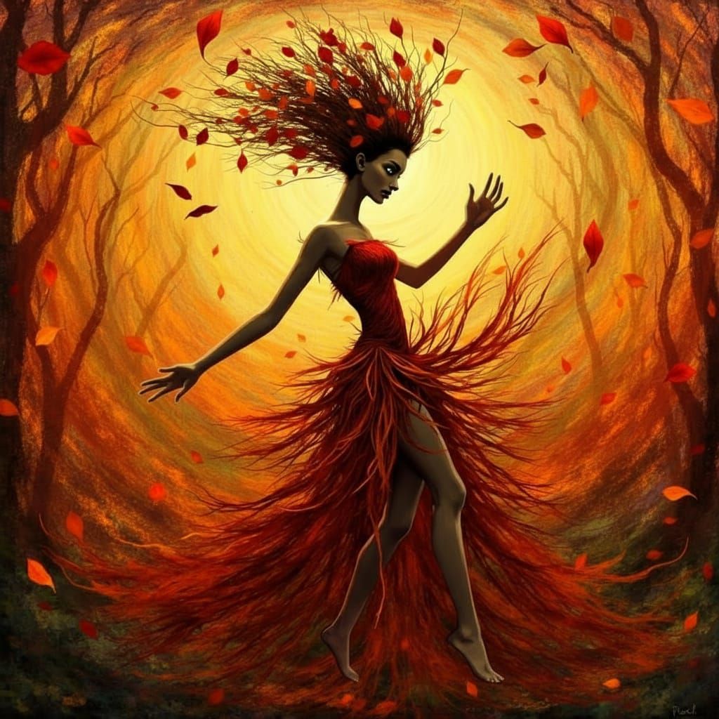 Portrait of the Spirit of Autumn. dynamic and dramatic pose....