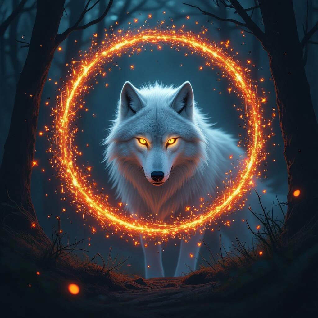 Spectral White Wolf Spirit With Fiery Eyes Amidst Red Firefl...