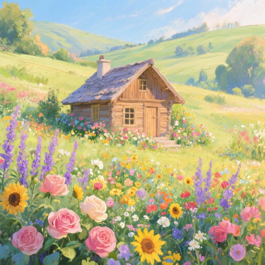 Charming Countryside House in Vibrant Flower Garden Oil Pain...