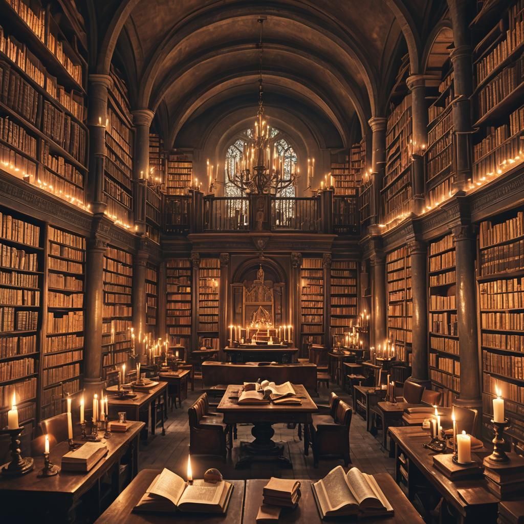 Mystical Library with Glowing Candelabras: Digital Art