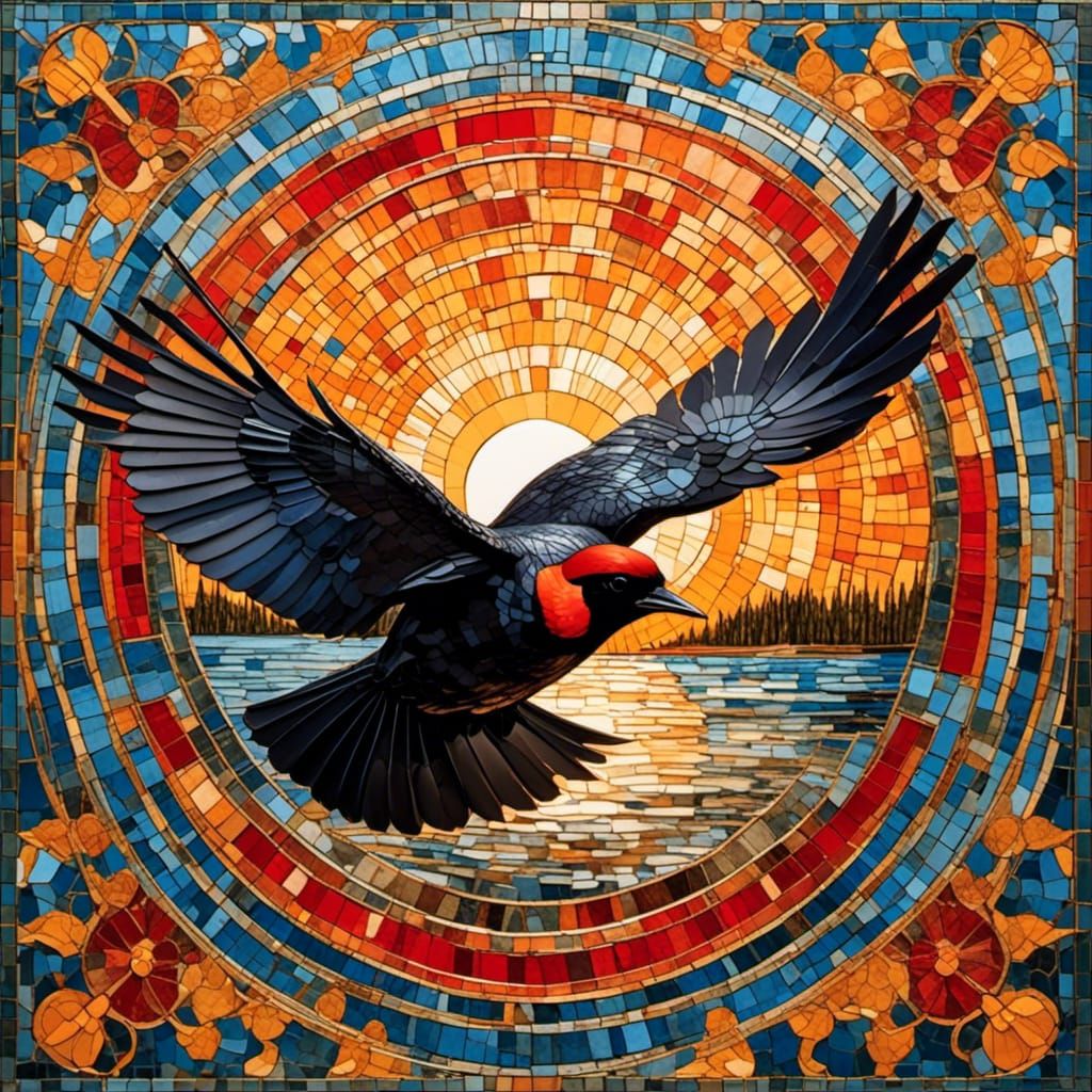 painting of a Red Wing Blackbird flying over a lake and a large sun with sunbeams stretching out to the land intricate ...
