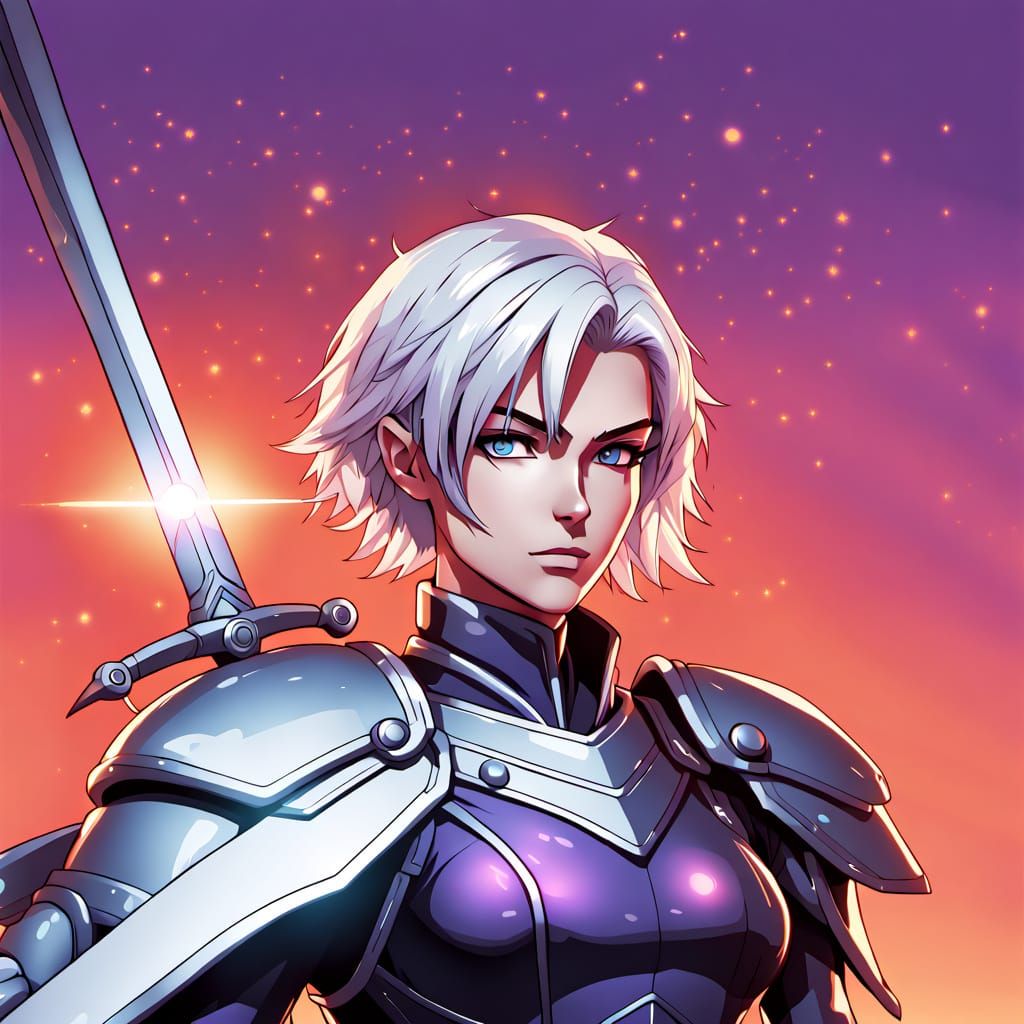 Anime-Style Androgynous Warrior with Platinum Hair and Black...
