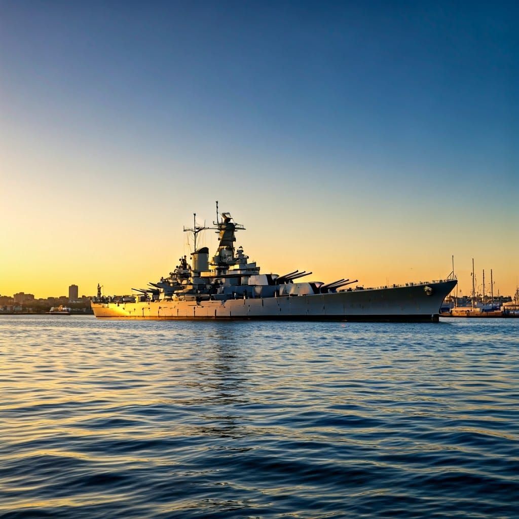 USS Missouri Battleship at Sunset