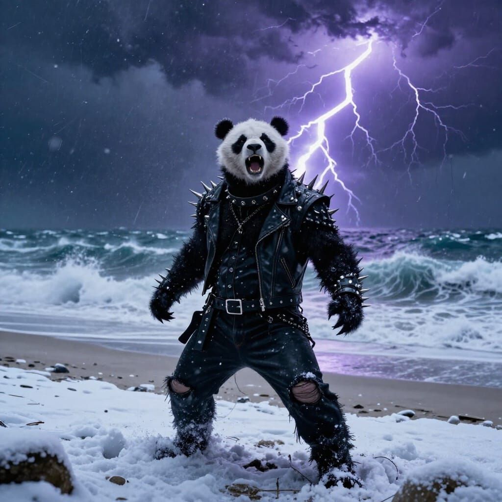Demonic Black Metal Panda Screams on Stormy Frozen Beach