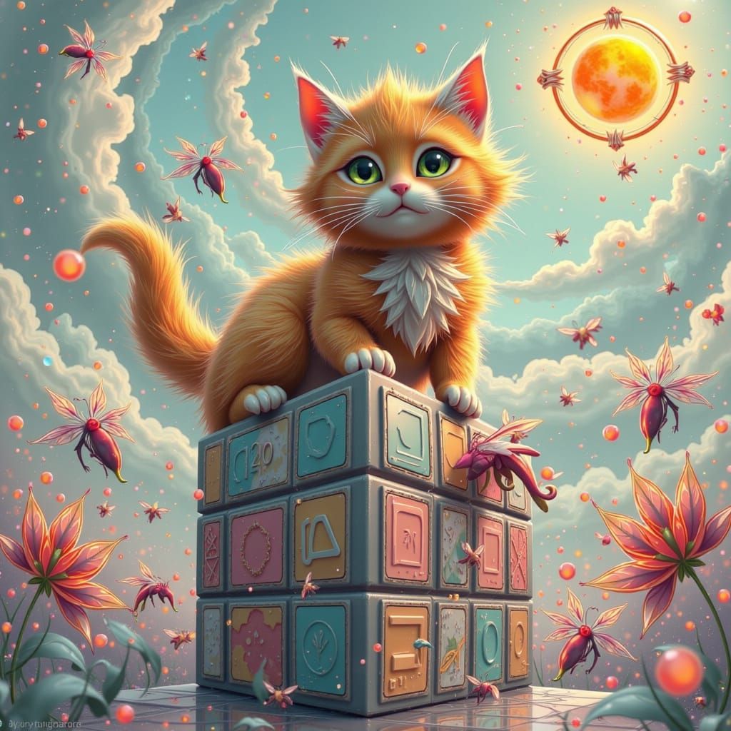 Ginger Tabby on Dreamlike Rubik's Cube, Fantastical Art