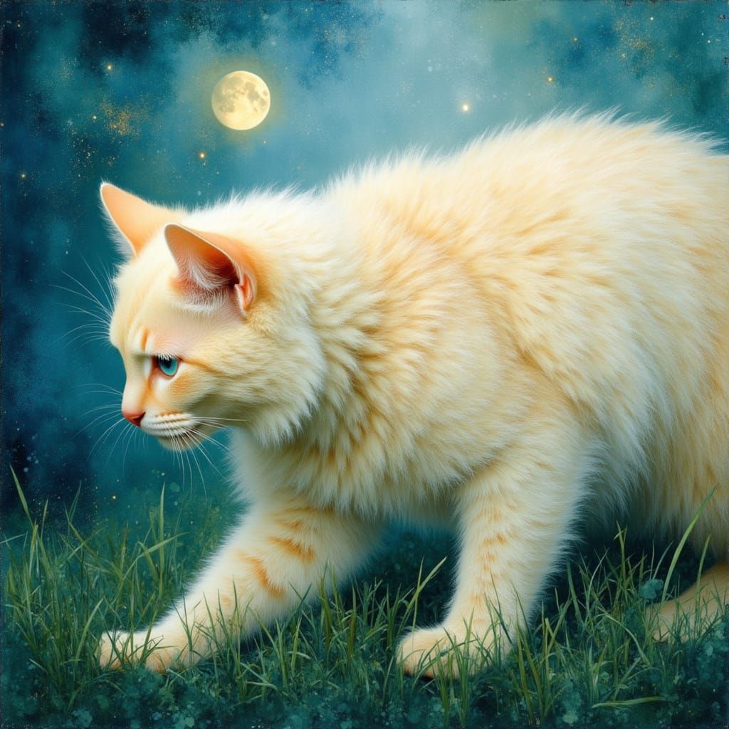 Himalayan Cat Stalking in Moonlight Watercolor