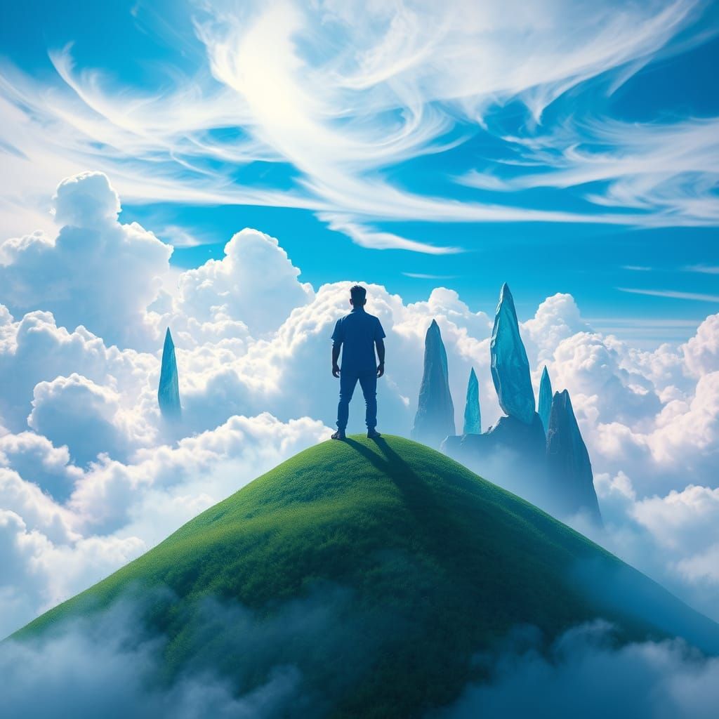 Surreal Blue Sky Figure Reigns Amidst Lush, Celestial Landsc...