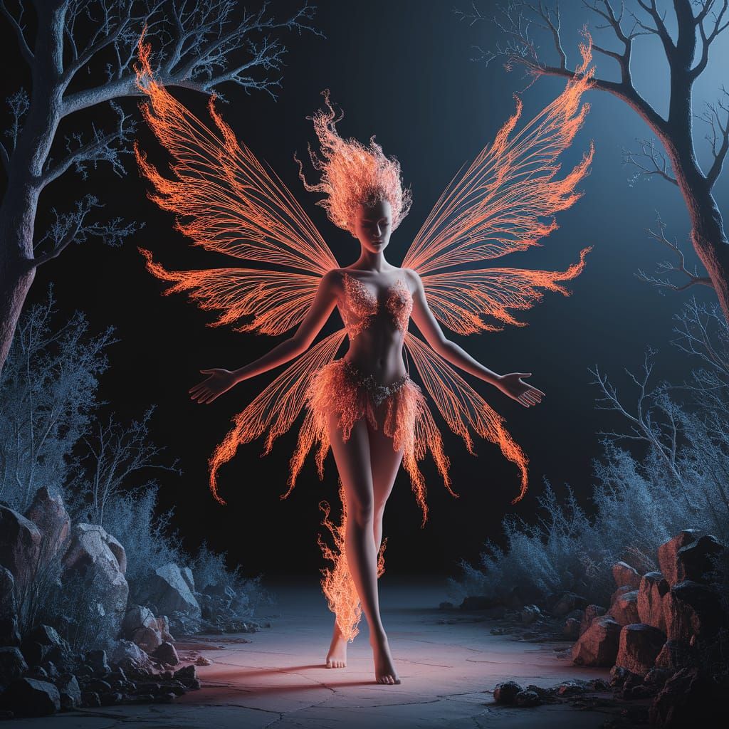 Surreal Fairy Crafted from Dancing Flames in Dark Night Fore...