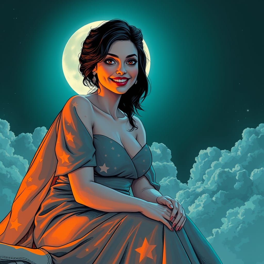 Serene Woman in Starry Gown Basks in Moonlight