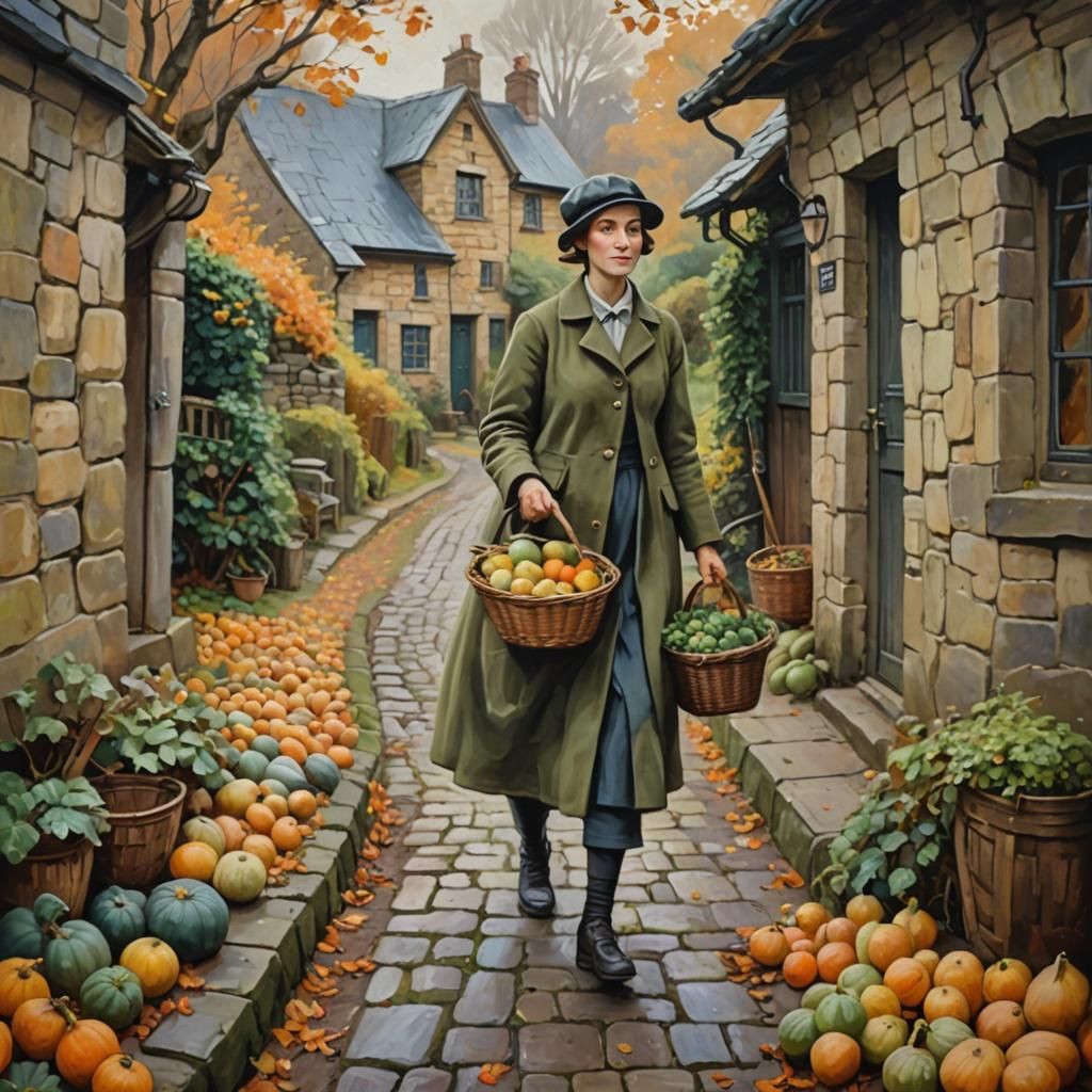 Autumnal Impressionist Woman with Squashes Painting