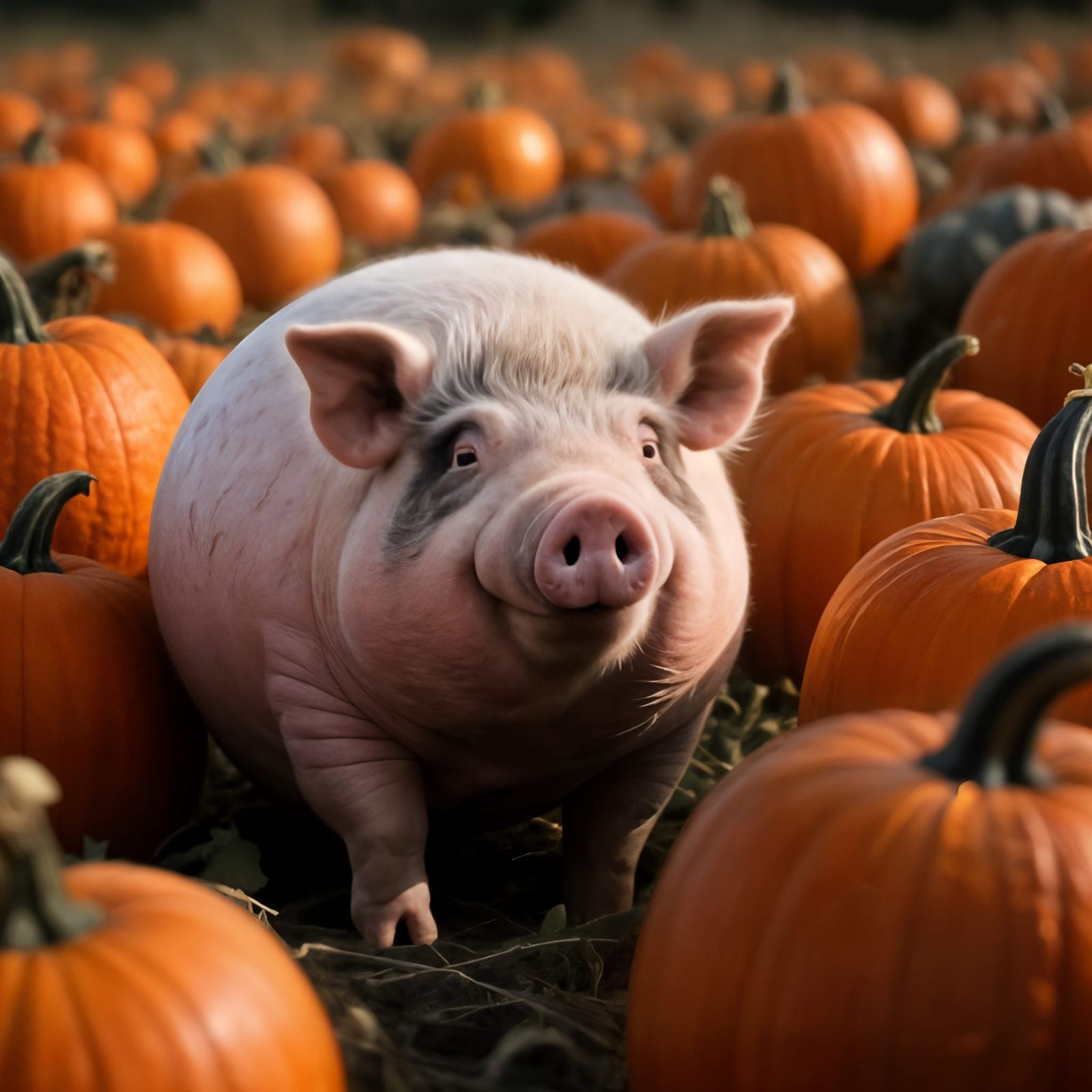 Round Pig Hiding in Pumpkin Field