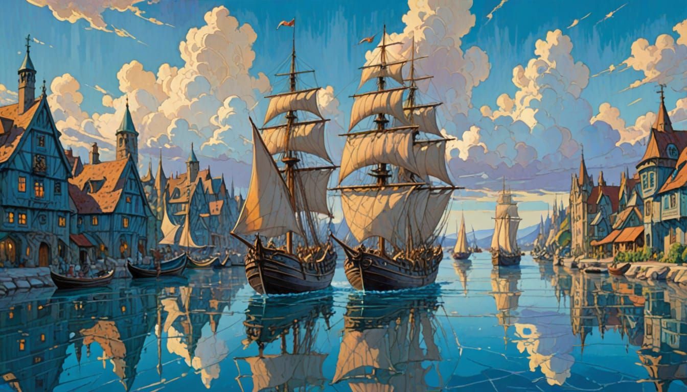 Ethereal Port City Under Bright Blue Skies